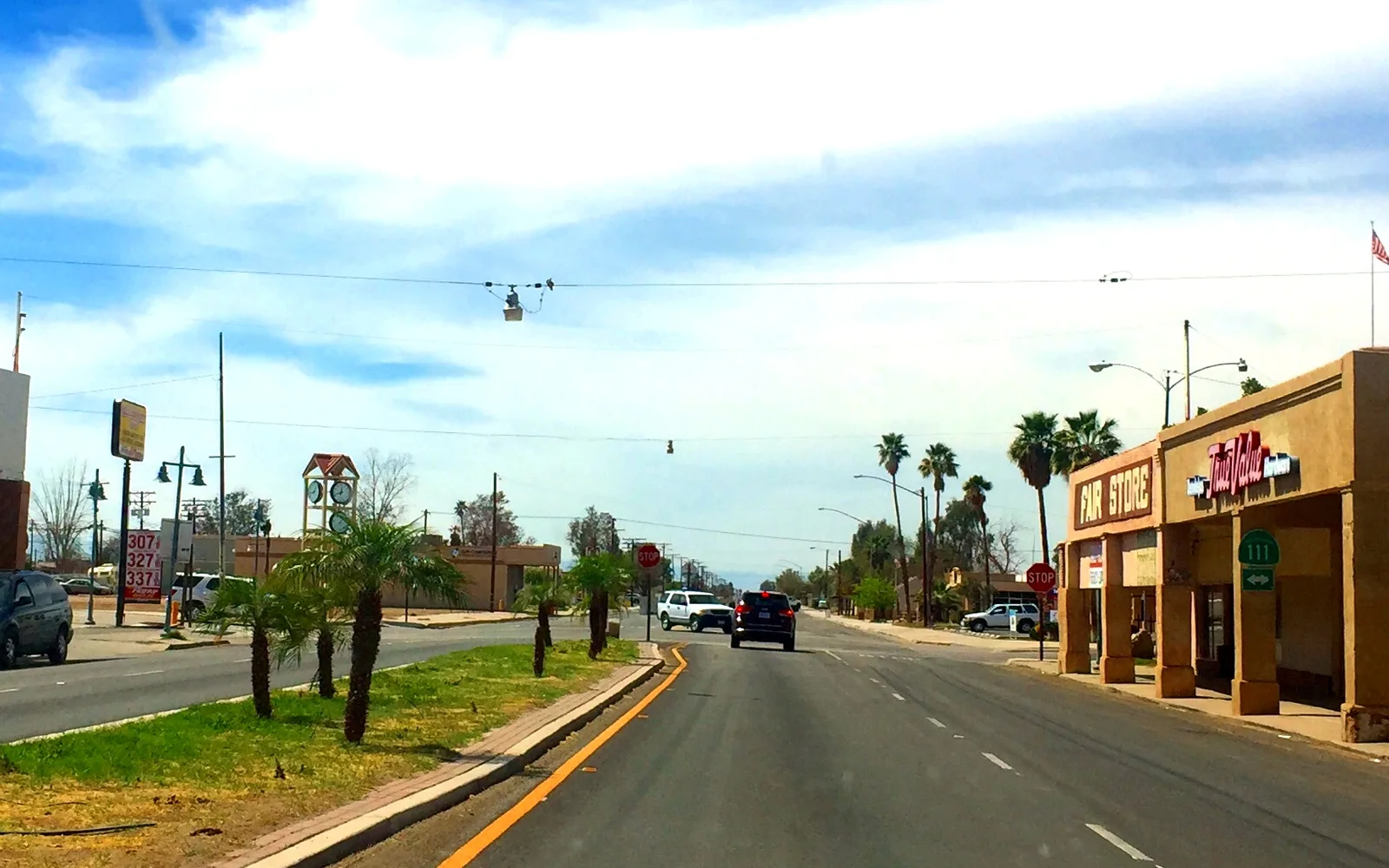 Main Street intersection in downtown Calipatria with local businesses and street scene